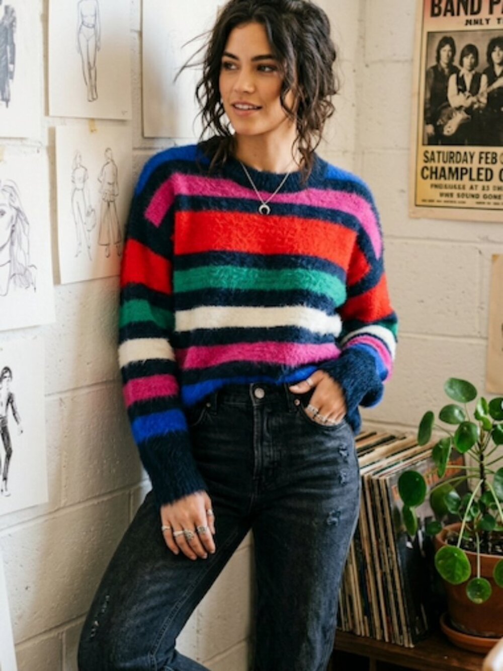 A New Day Fuzzy Eyelash Knit Multi-Color Striped Crewneck Sweater Large